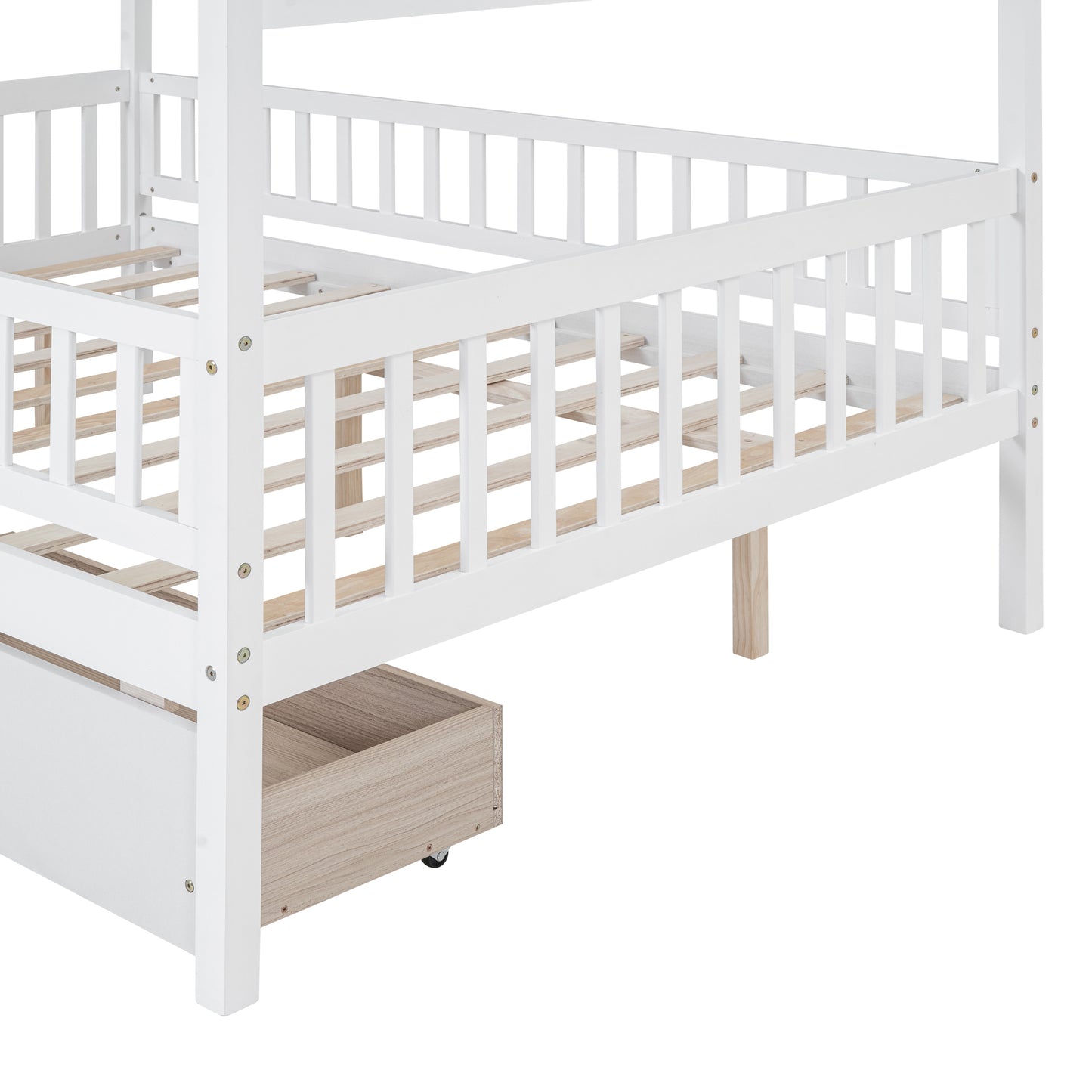White wood fourposter bed frame with slatted base and integrated storage drawer