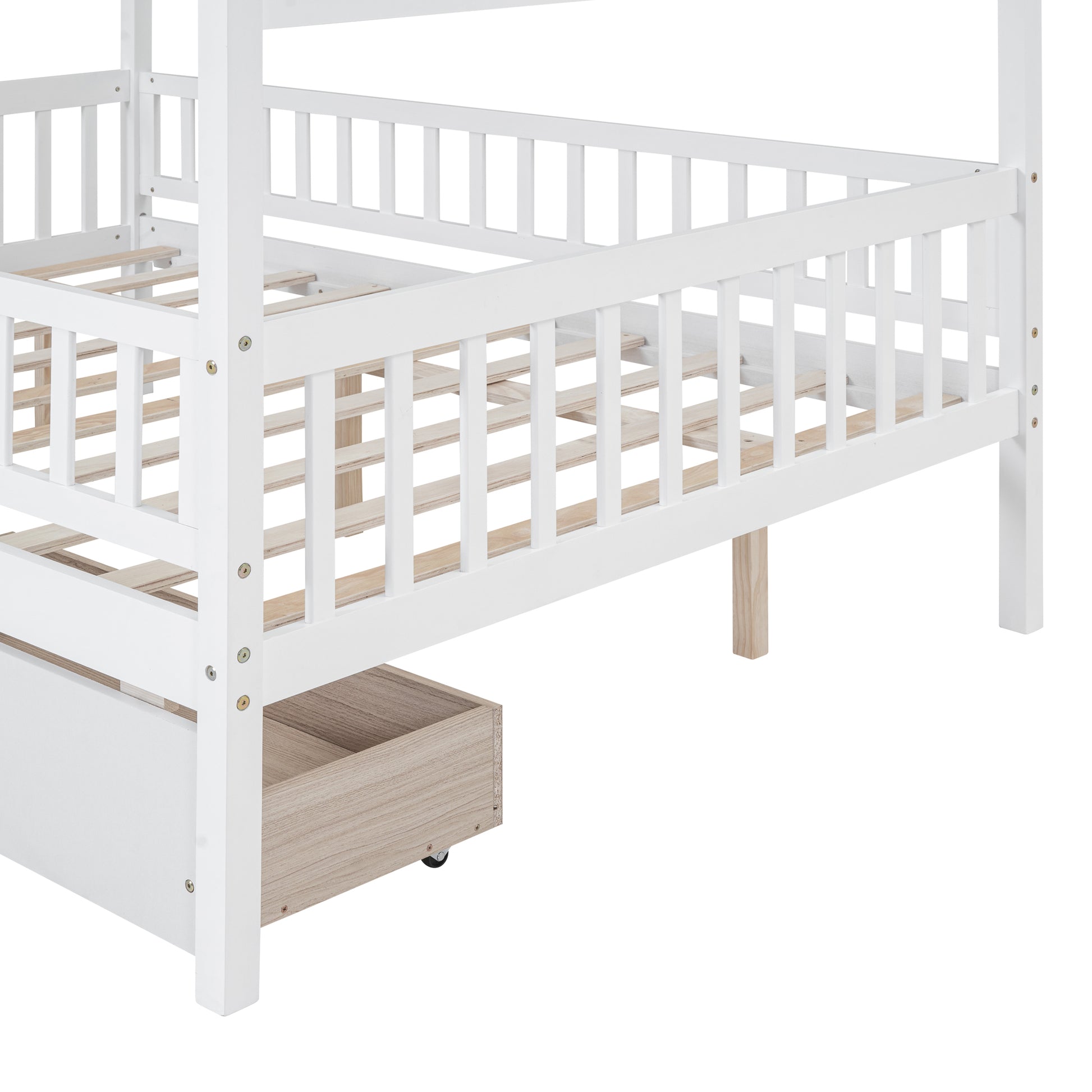 White wood fourposter bed frame with slatted base and integrated storage drawer