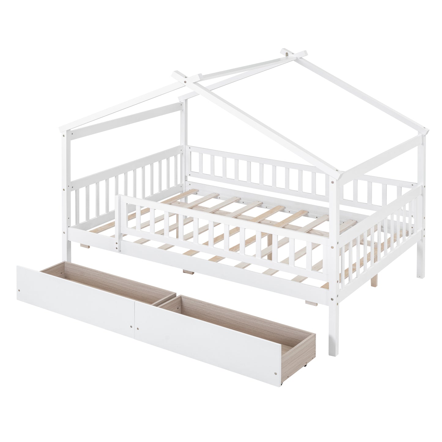 White wooden house bed frame with two storage drawers