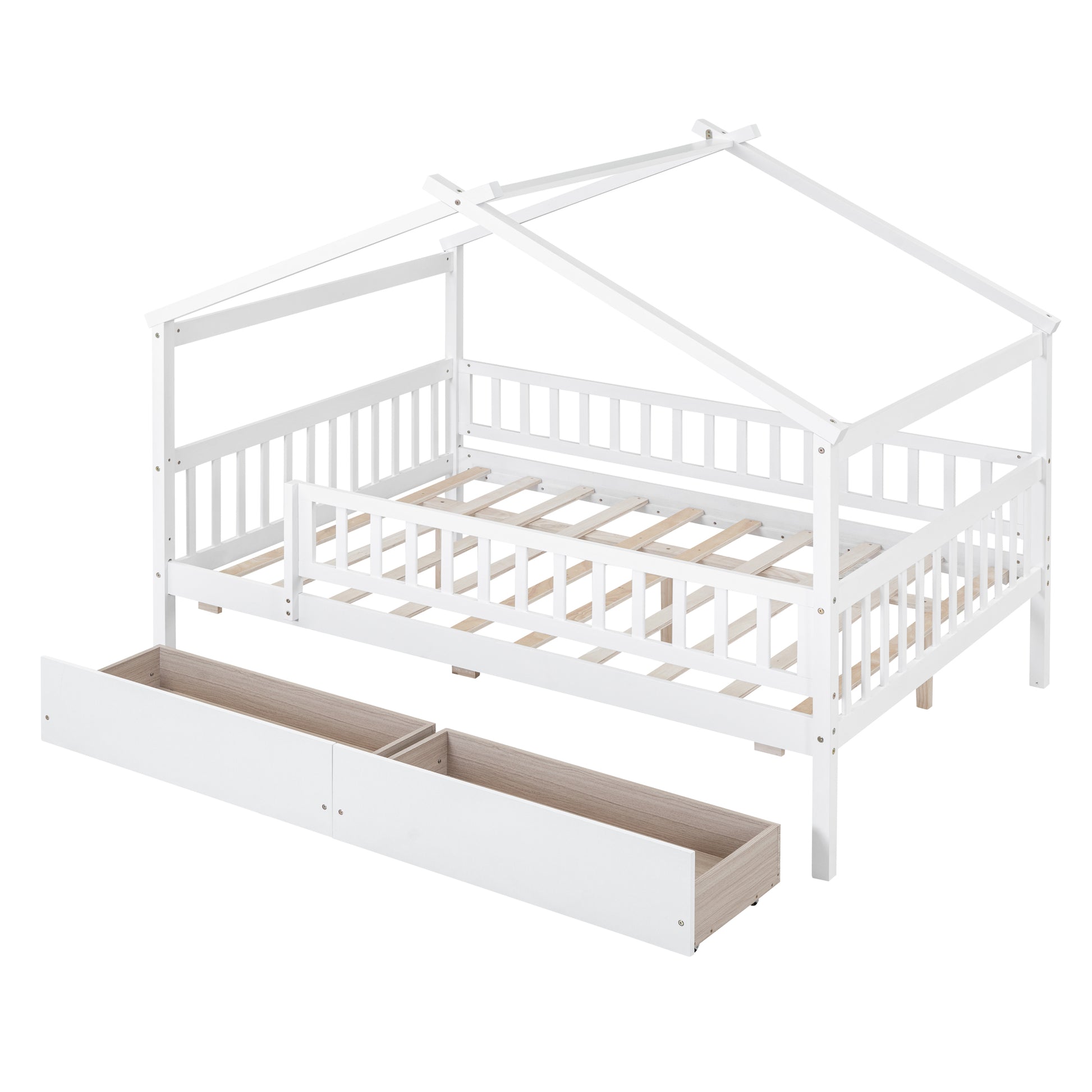 White wooden house bed frame with two storage drawers