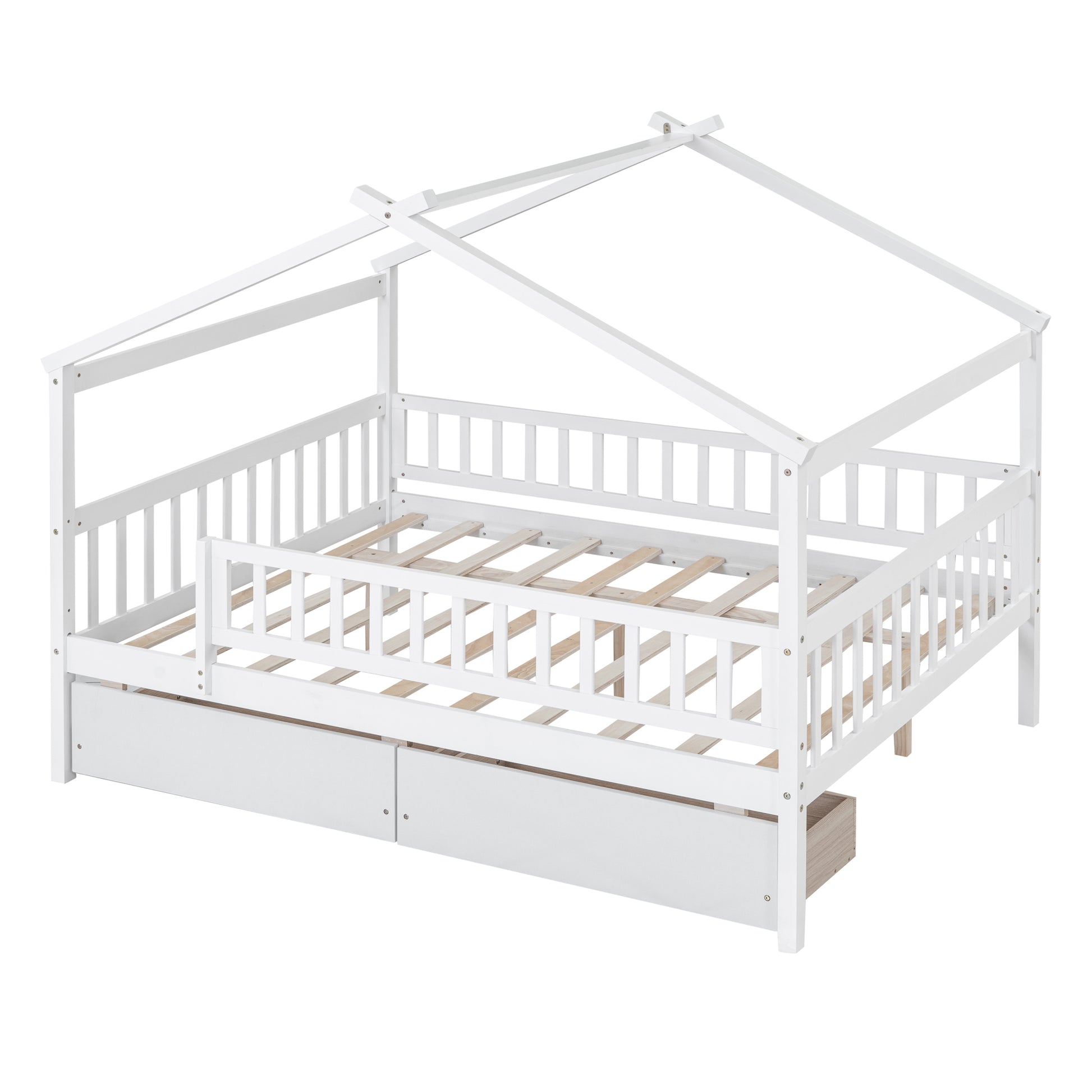 White wooden house bed frame with guardrails and two storage drawers