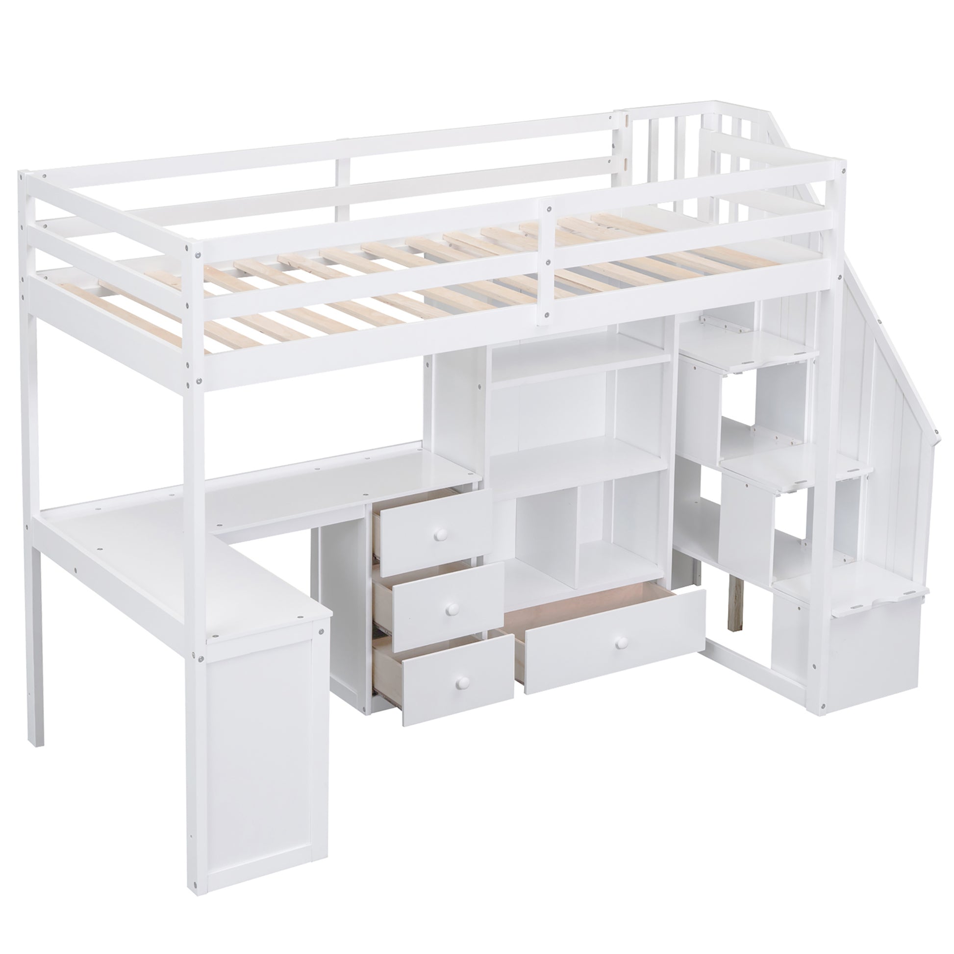 White wooden loft bed with integrated desk drawers and shelving for kids