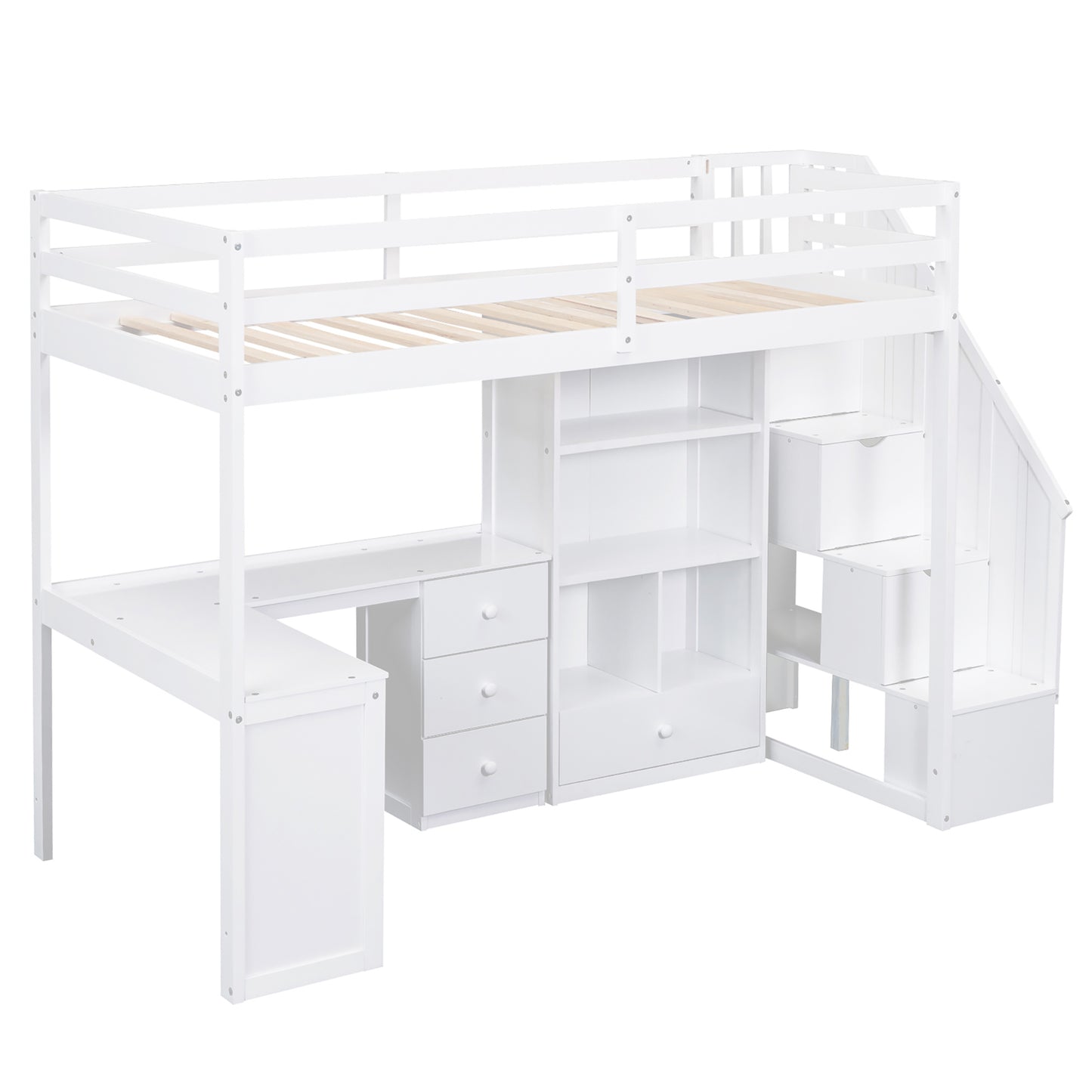 White twin loft bed with desk and storage stairs