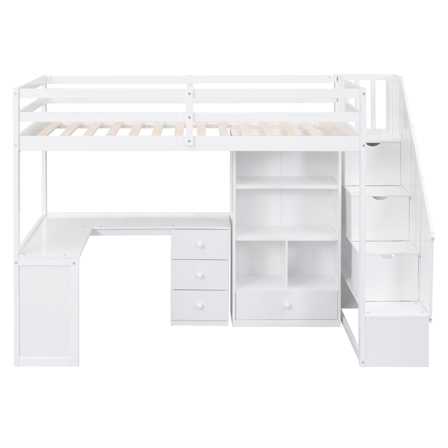 White loft bed with integrated desk and stairs