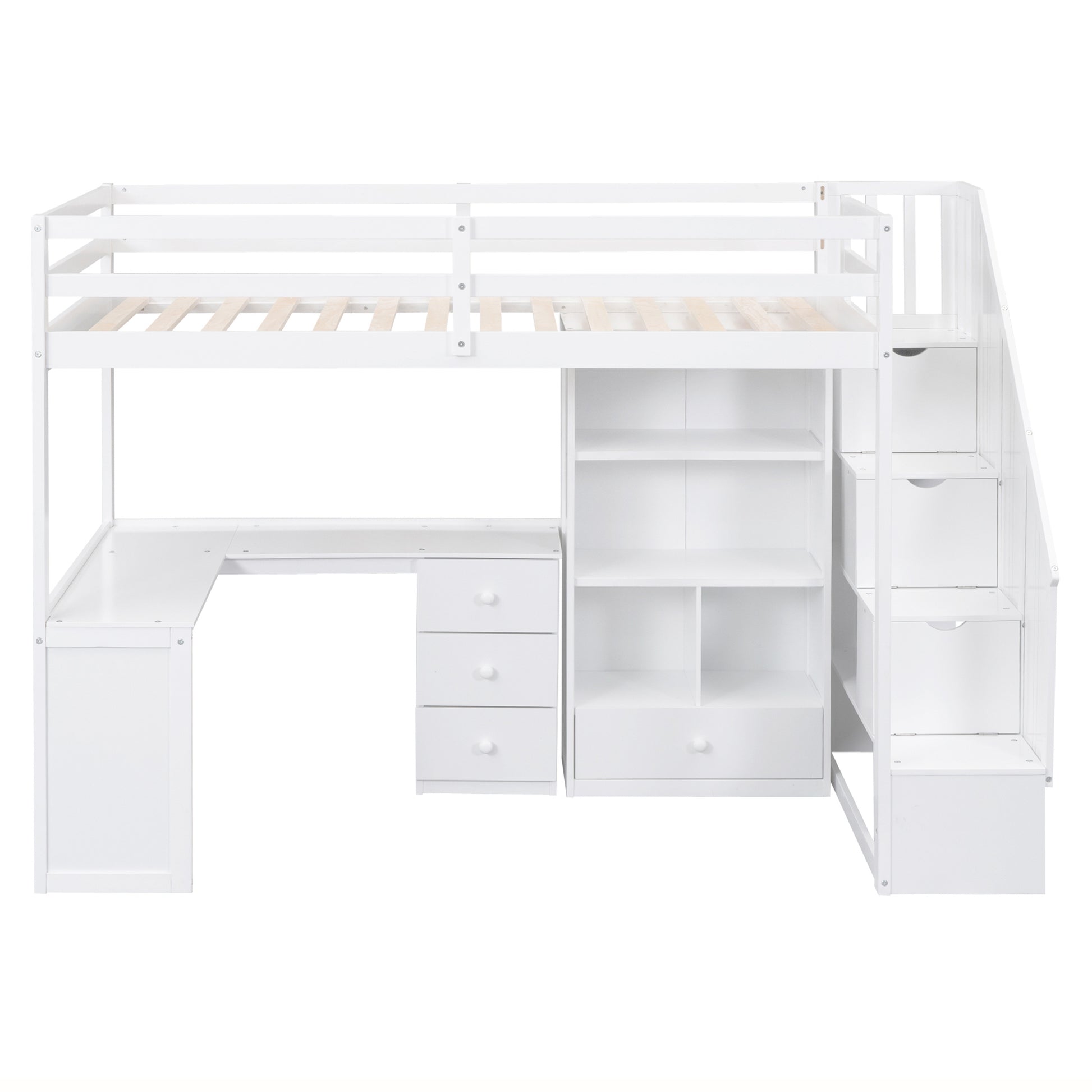 White loft bed with integrated desk and stairs