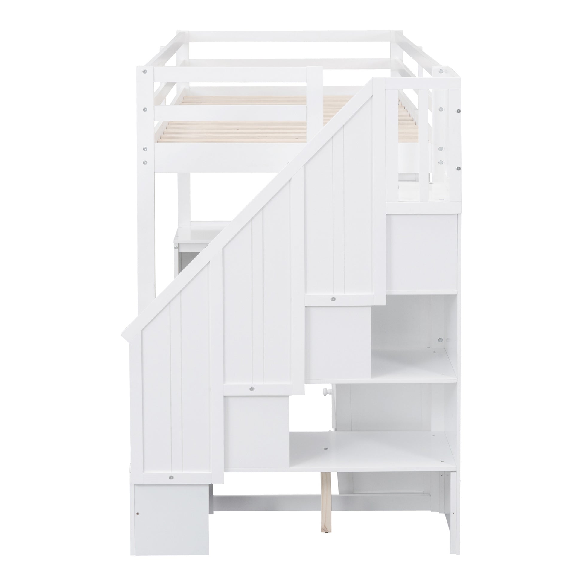White wooden loft bed with integrated stairs and shelving