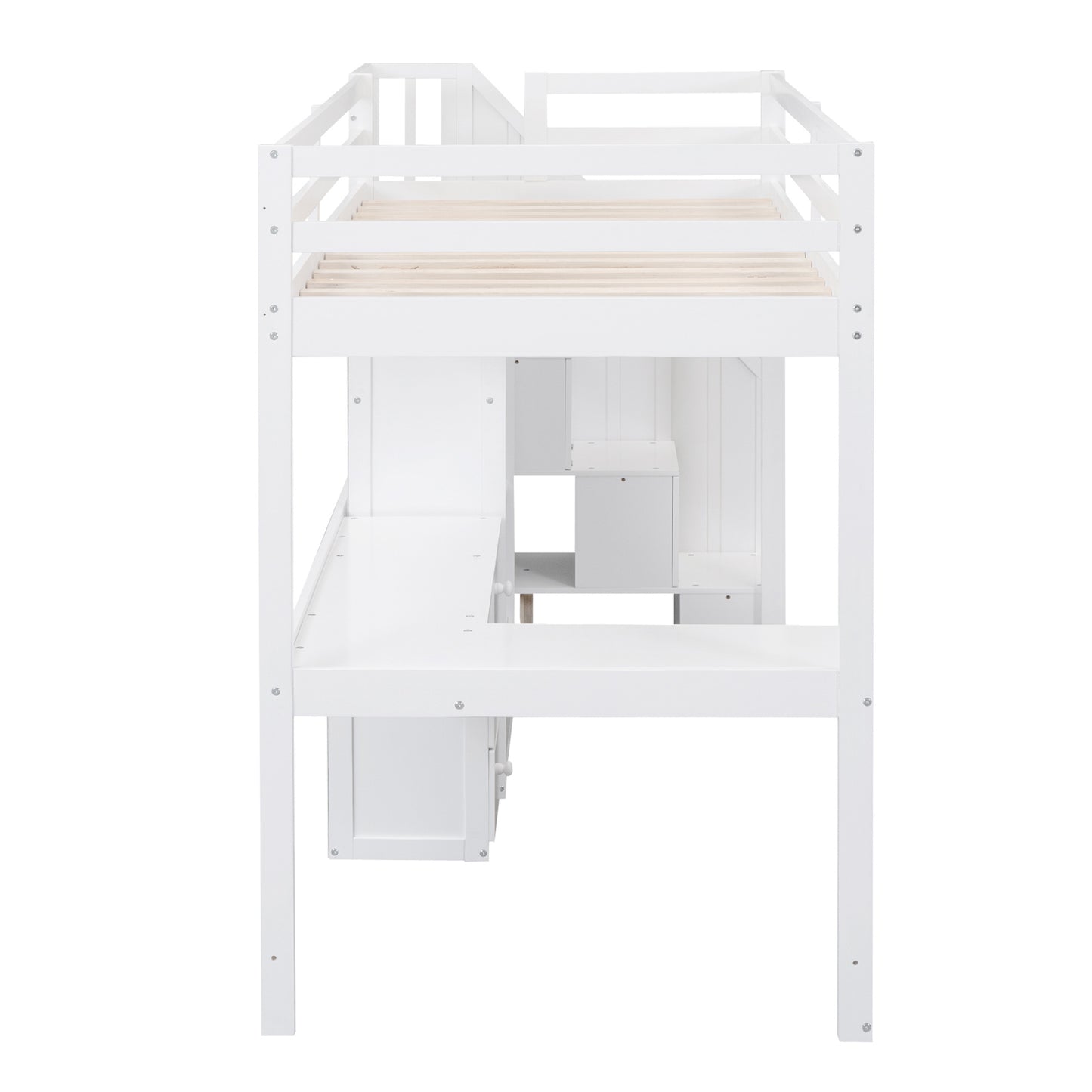 White loft bed with builtin desk and stairs for kids room
