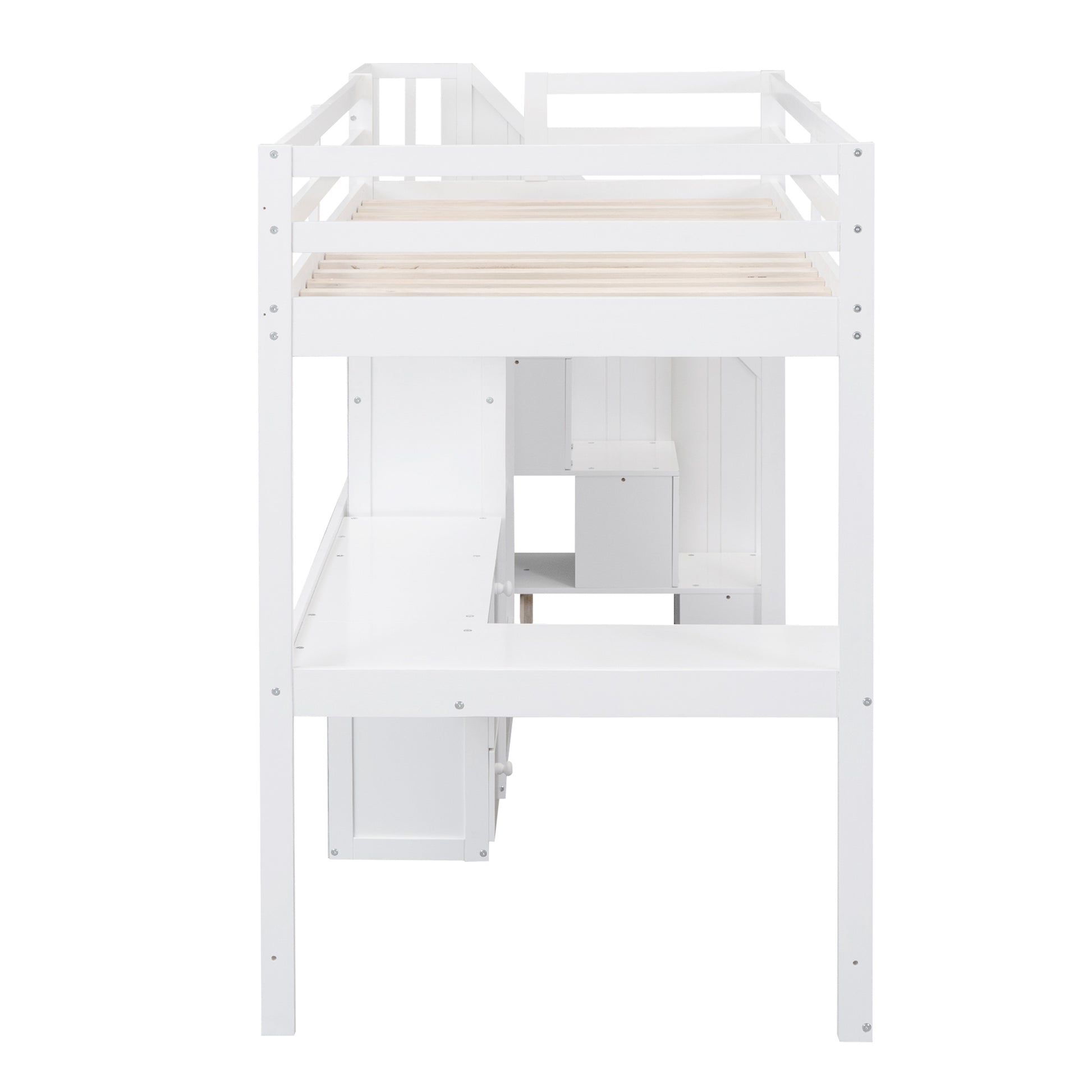 White loft bed with builtin desk and stairs for kids room