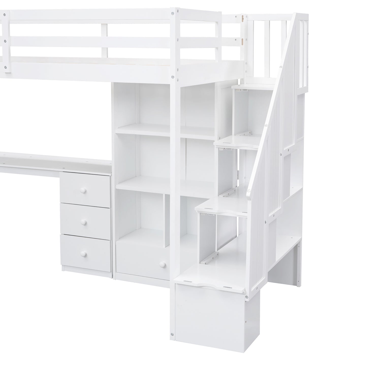 White loft bed with stairs and integrated desk