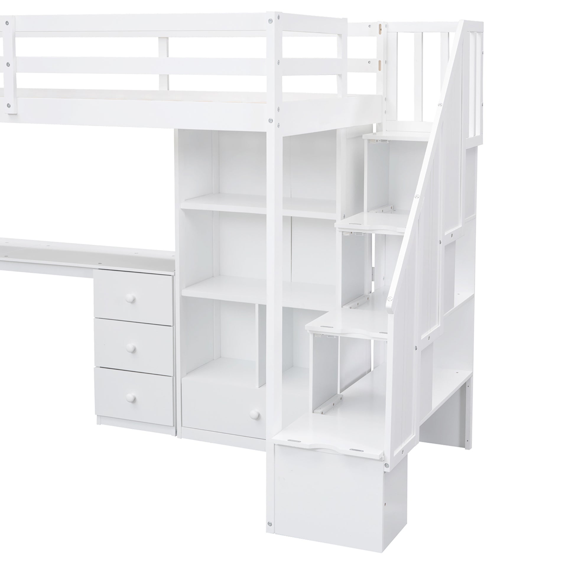 White loft bed with stairs and integrated desk