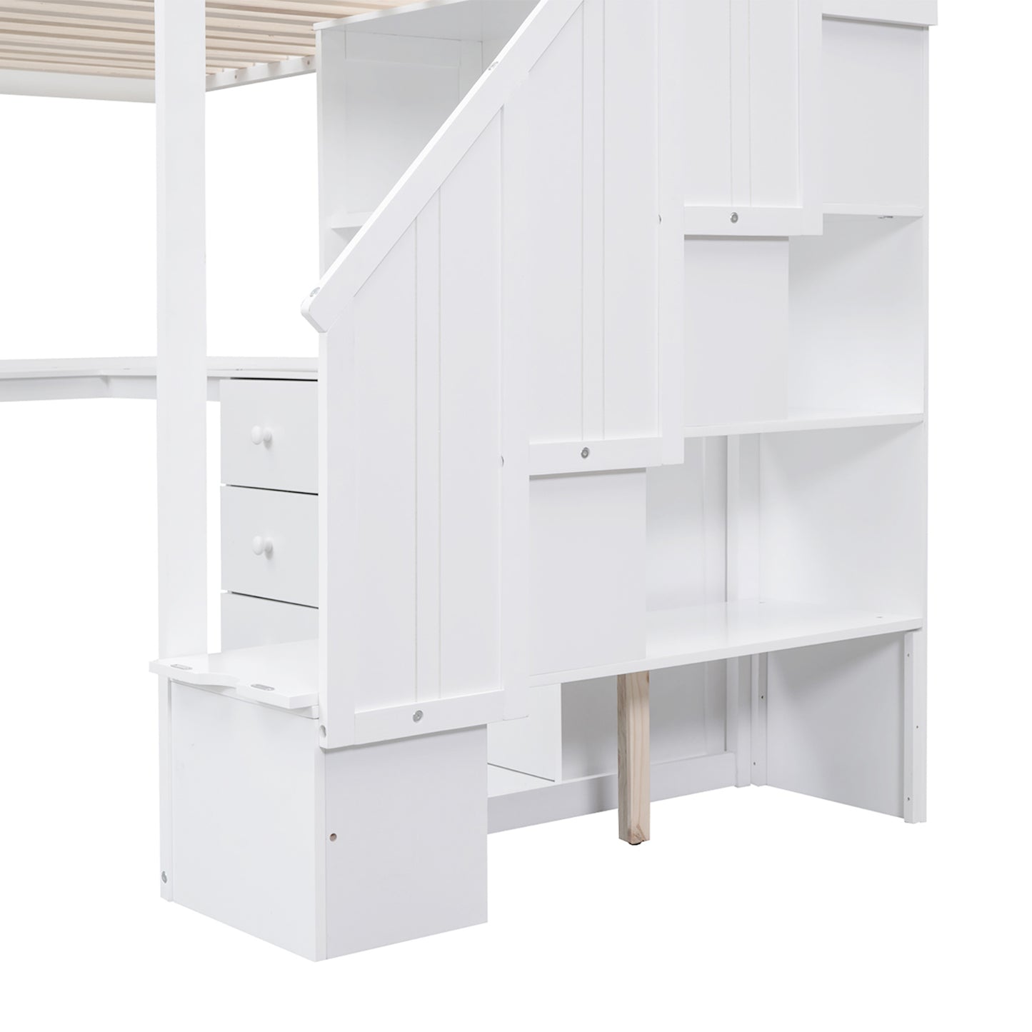 White wooden loft bed with builtin staircase and three drawers
