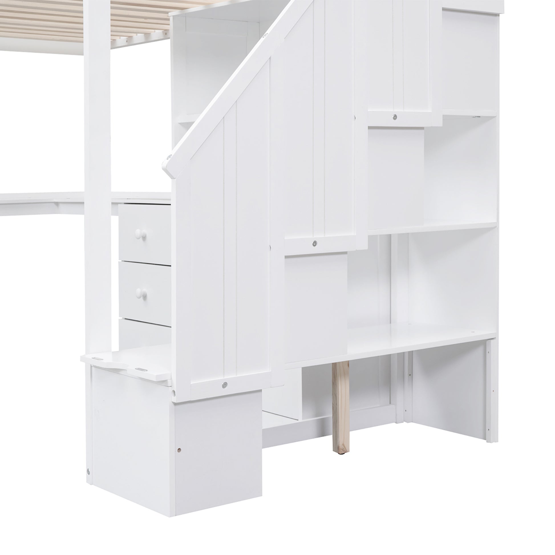 White wooden loft bed with builtin staircase and three drawers
