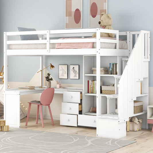 White loft bed with integrated desk and storage shelves