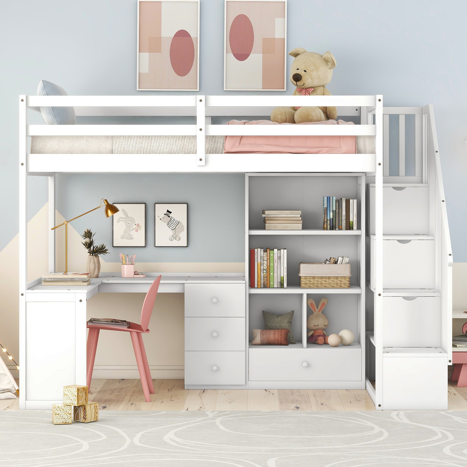 White loft bed with integrated desk and shelving for kids