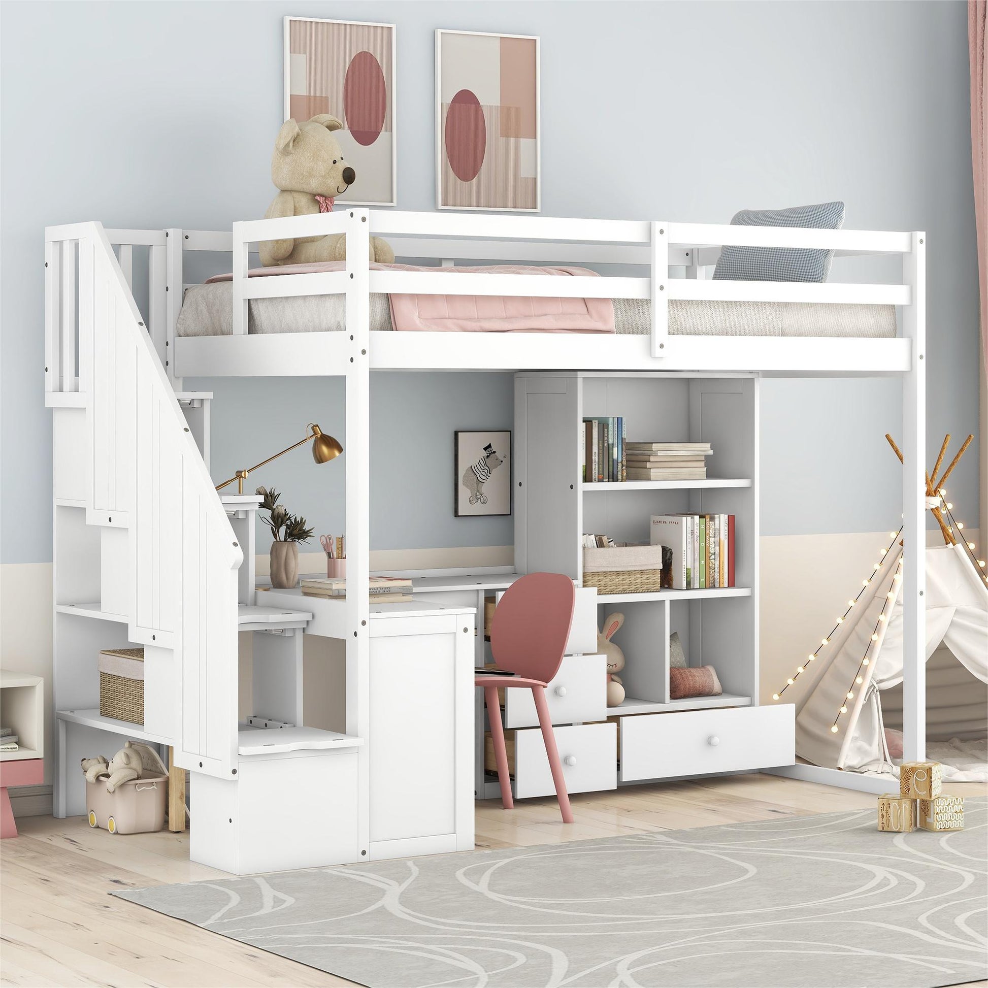 White loft bed with stairs and integrated desk perfect for kids rooms