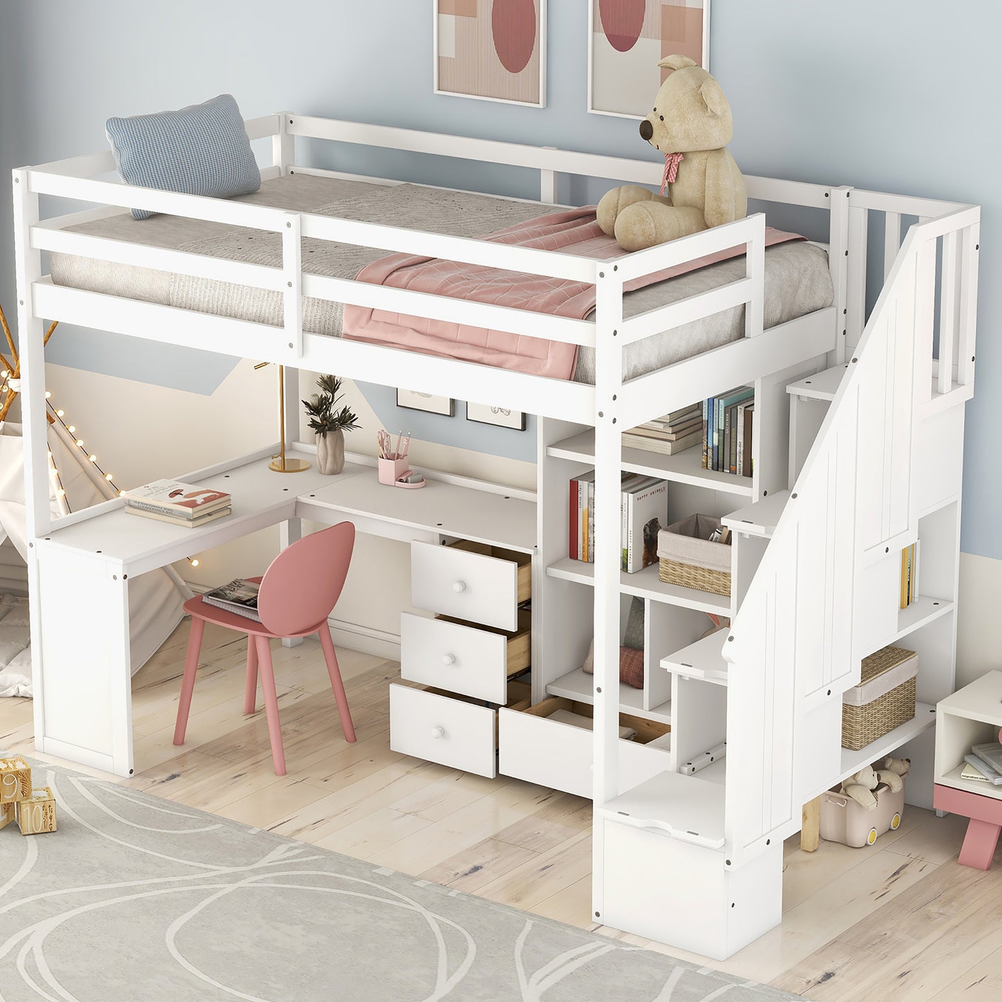 White wooden loft bed with integrated desk and storage
