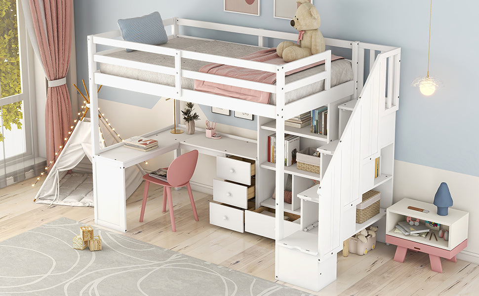 White loft bed with desk and stairs