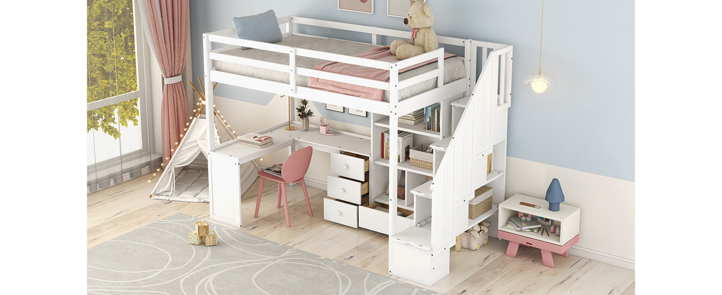 White wooden loft bed with integrated desk and shelves for children