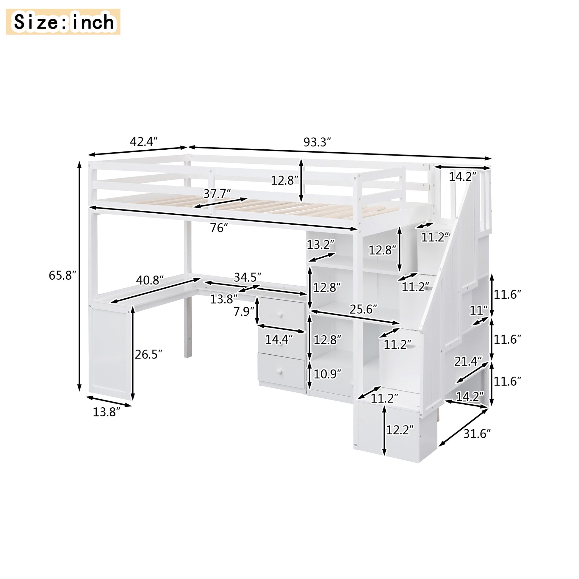 White loft bed with integrated desk and stairs