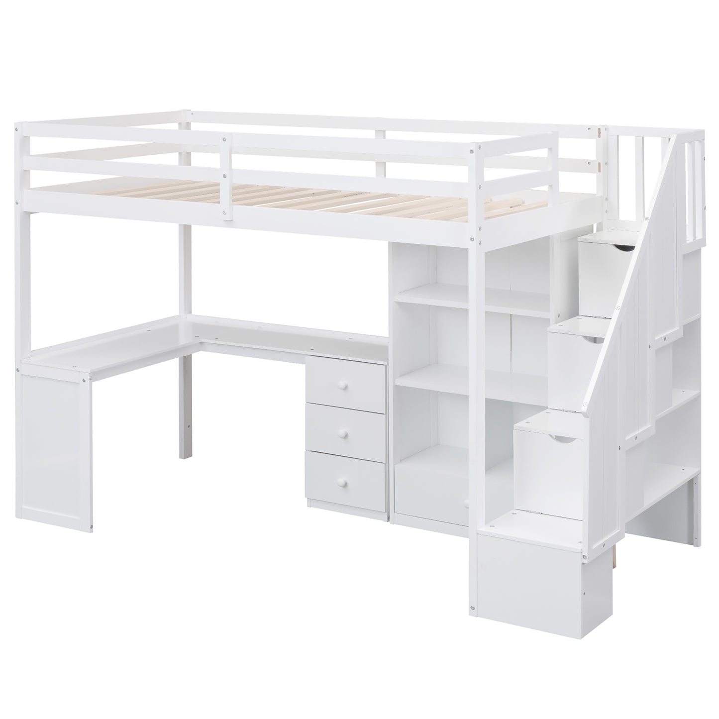 White wooden loft bed with integrated desk and stairs