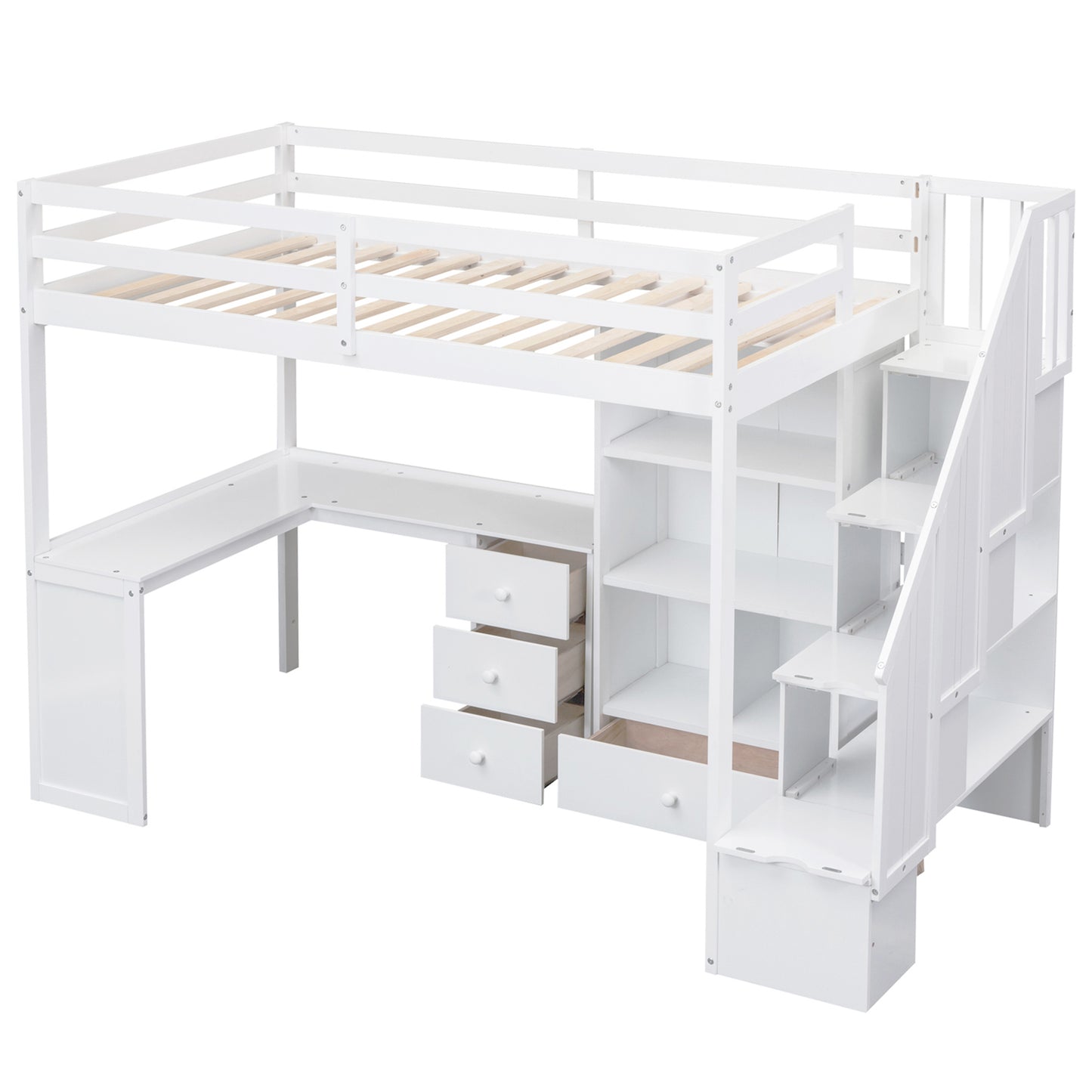 White loft bed with desk and stairs
