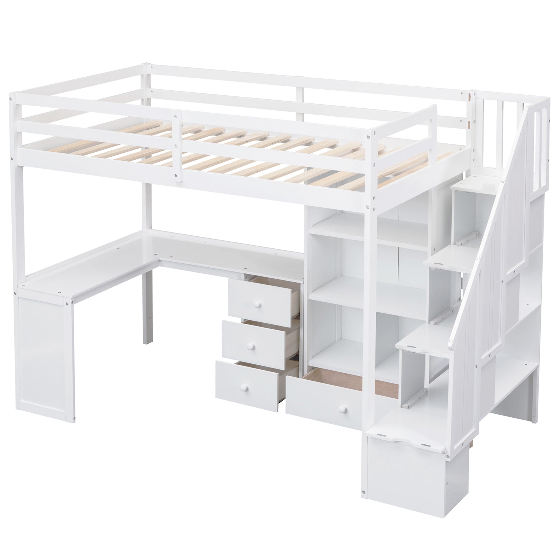 White loft bed with desk and stairs