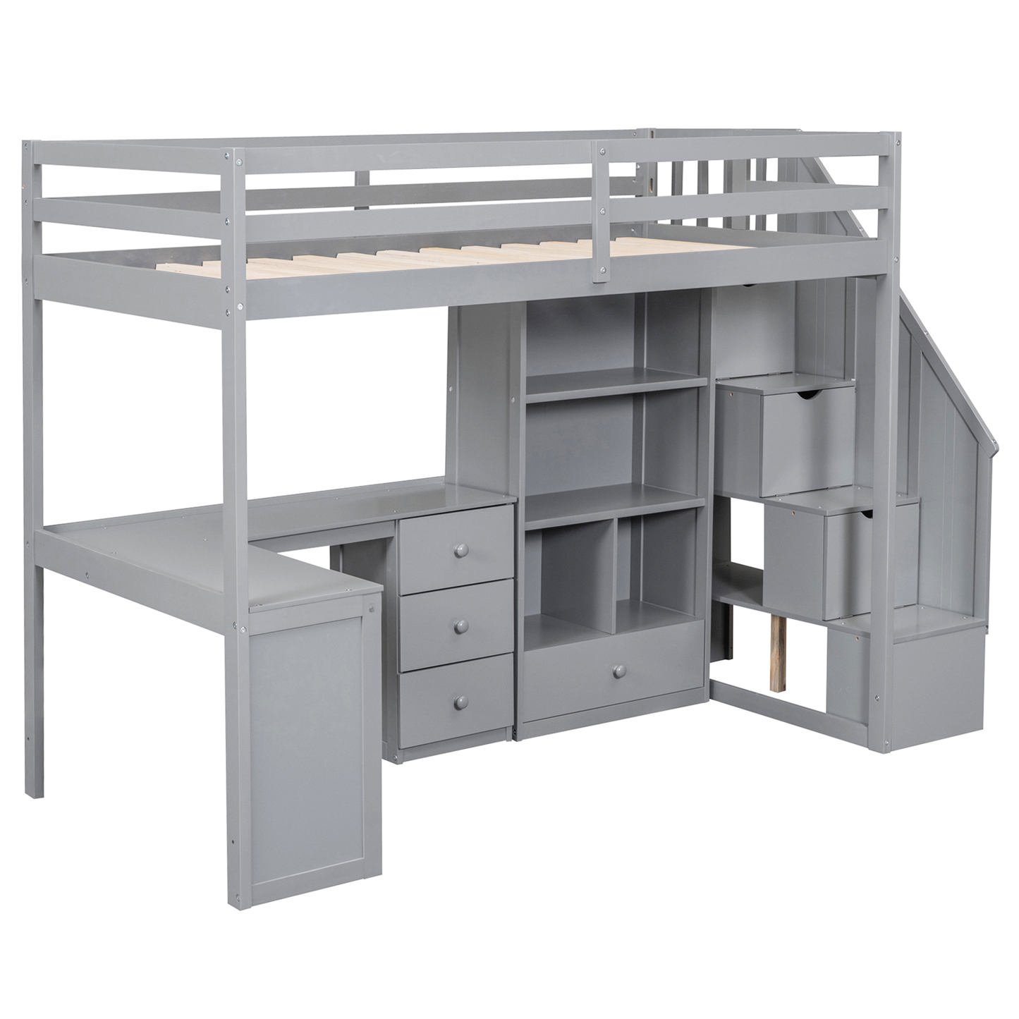 Grey wooden loft bed with desk and stairs