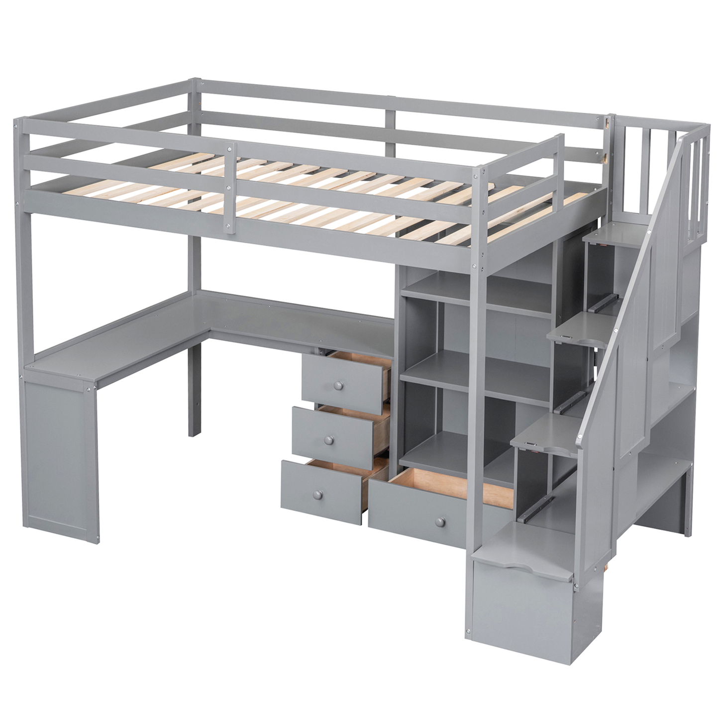 Gray loft bed with desk and storage drawers