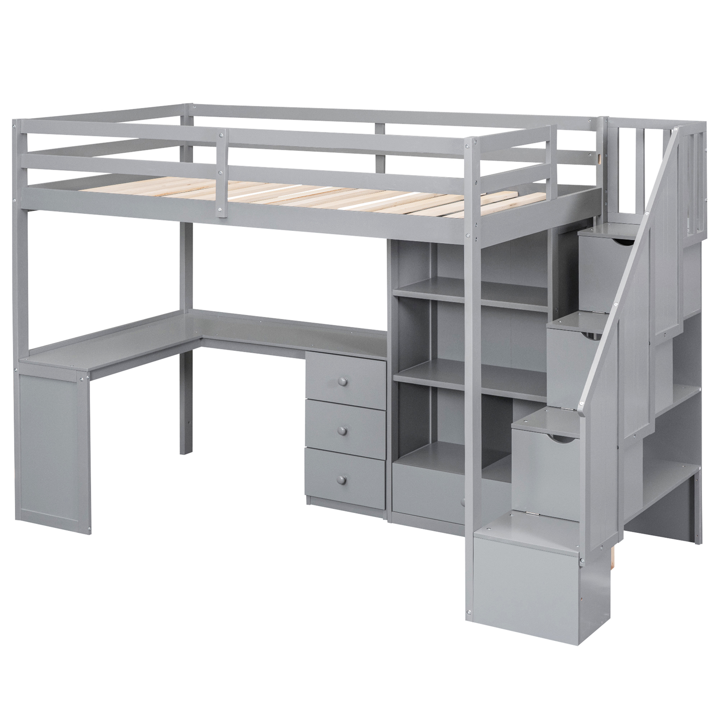 Gray loft bed with desk and stairs