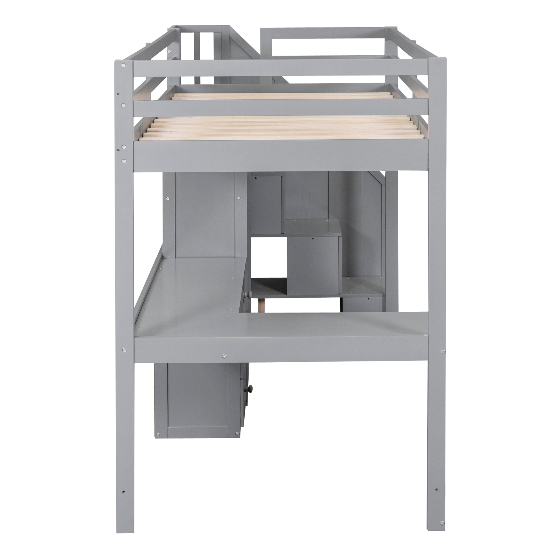 Gray loft bed with integrated desk and stairs for kids