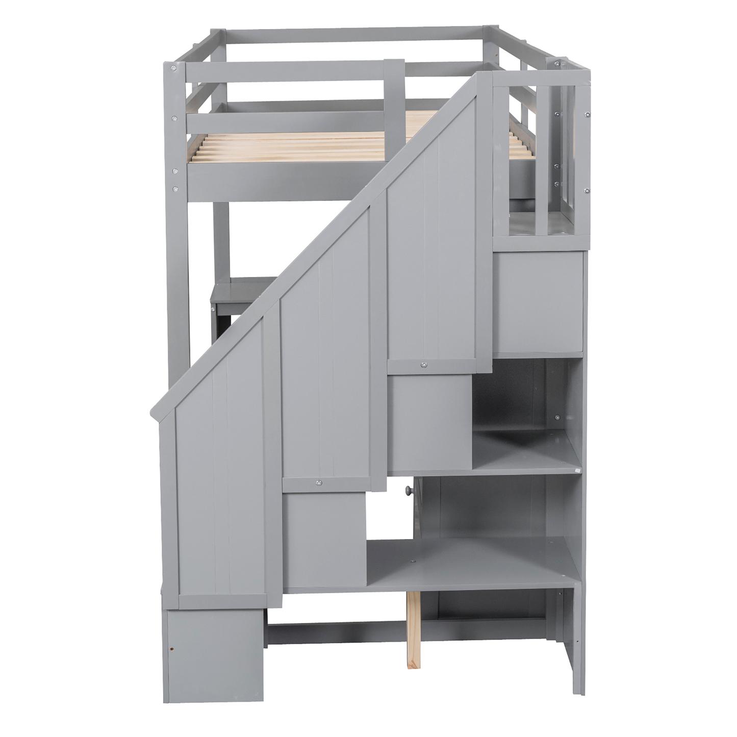 Gray wooden loft bed with integrated staircase and storage shelves