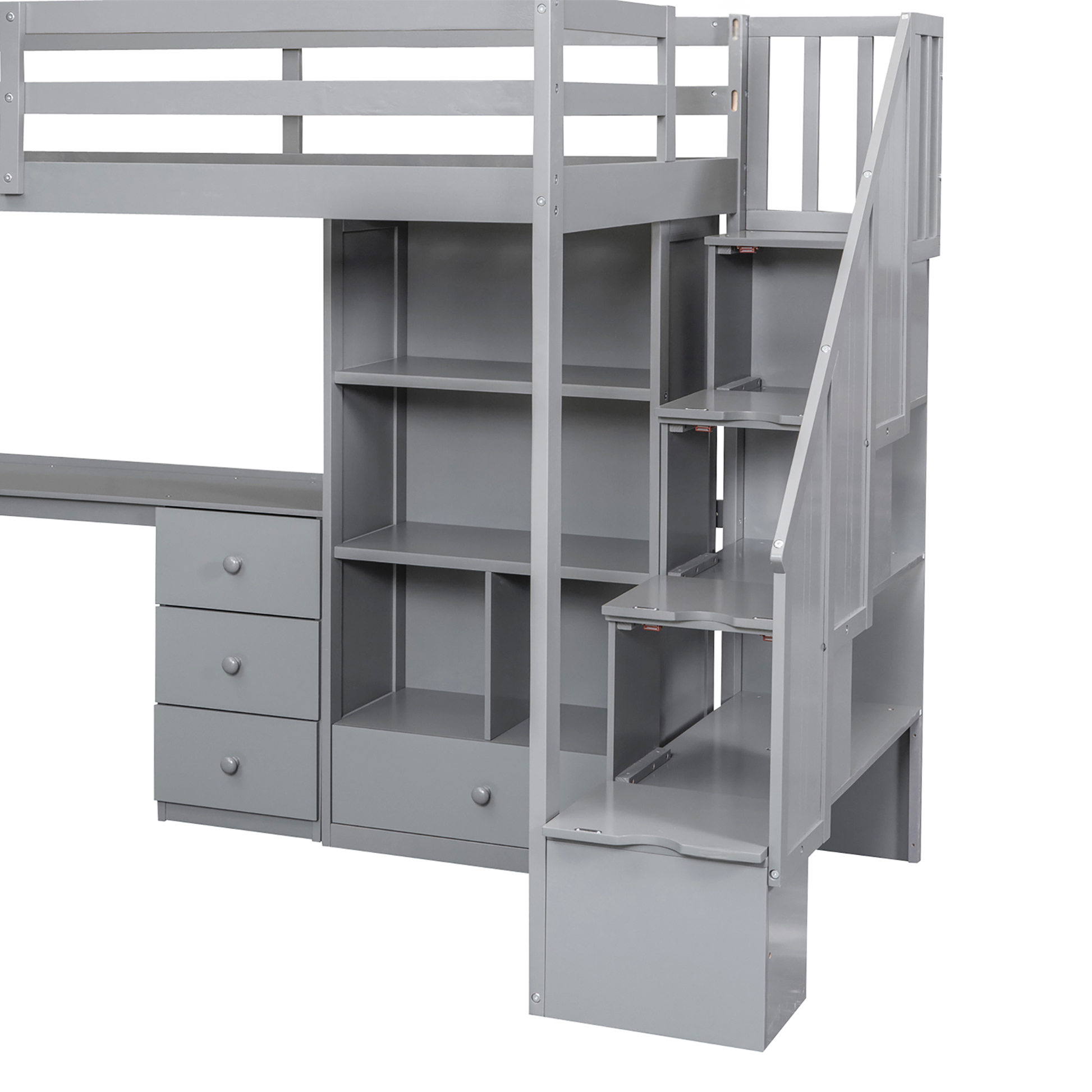 Gray loft bed with builtin desk and shelving unit
