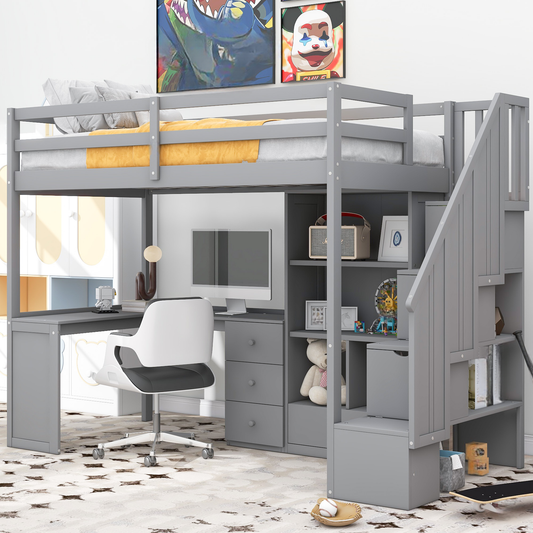 Gray twin loft bed with integrated desk and storage drawers