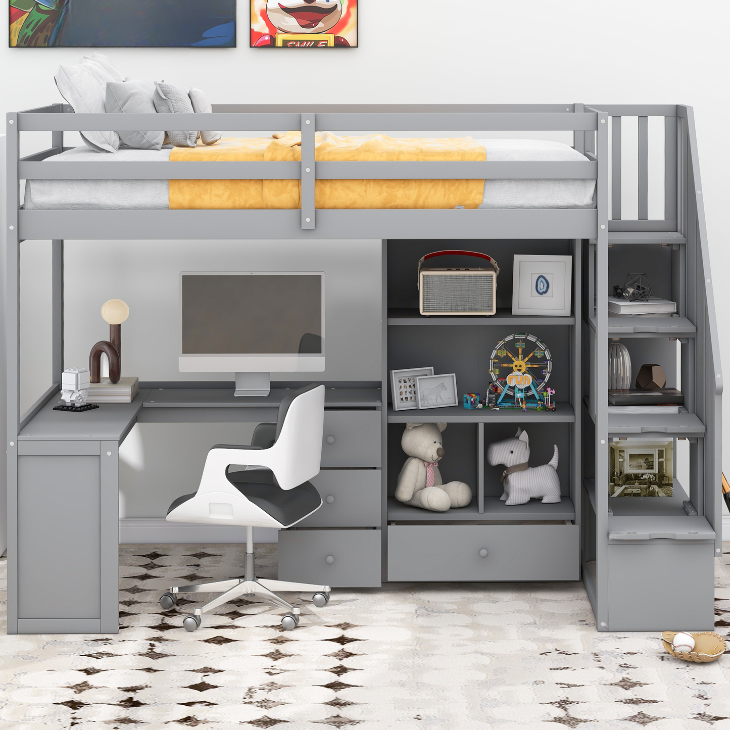Gray loft bed with desk storage shelves and stairs for kids room