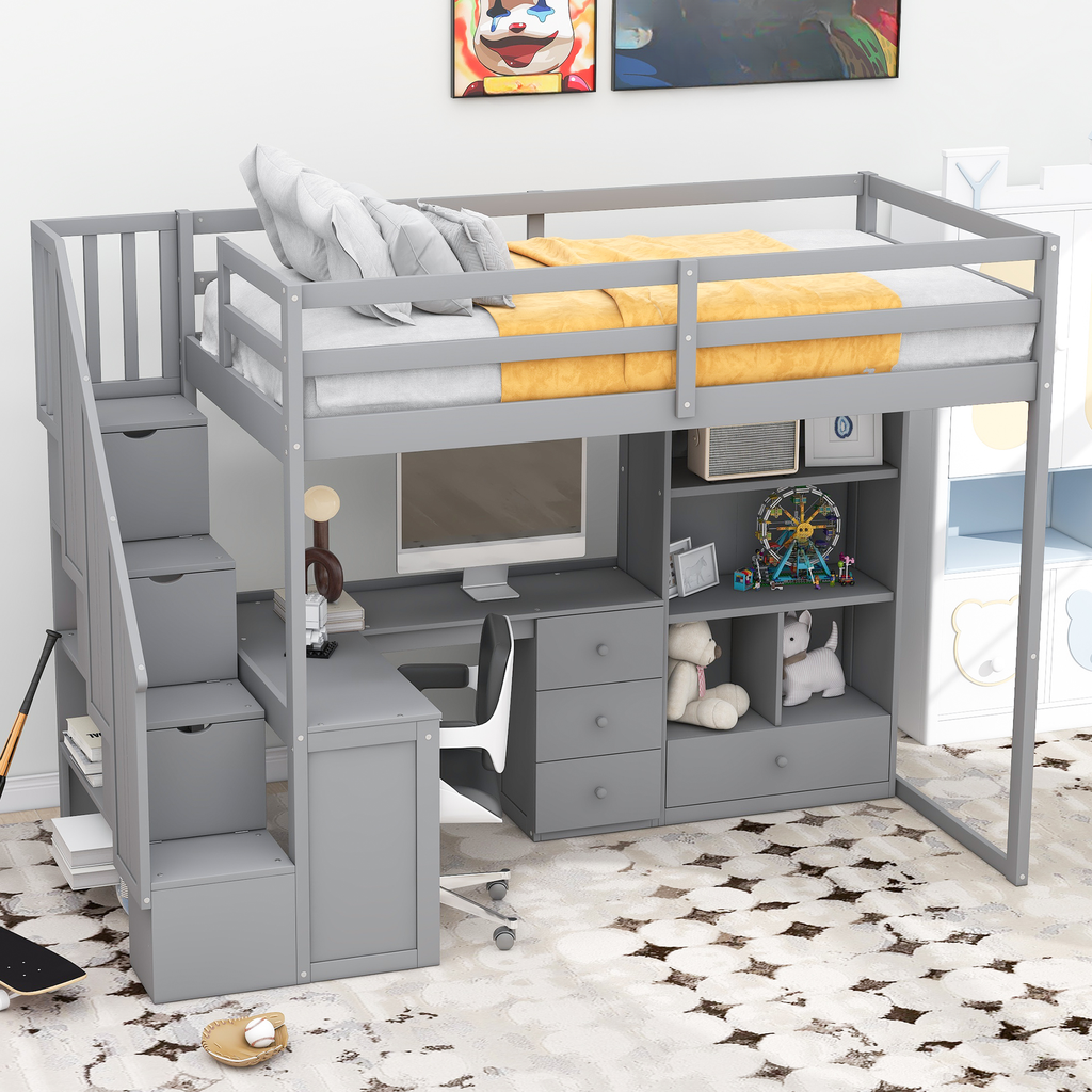 Gray loft bed with desk and storage for kids room