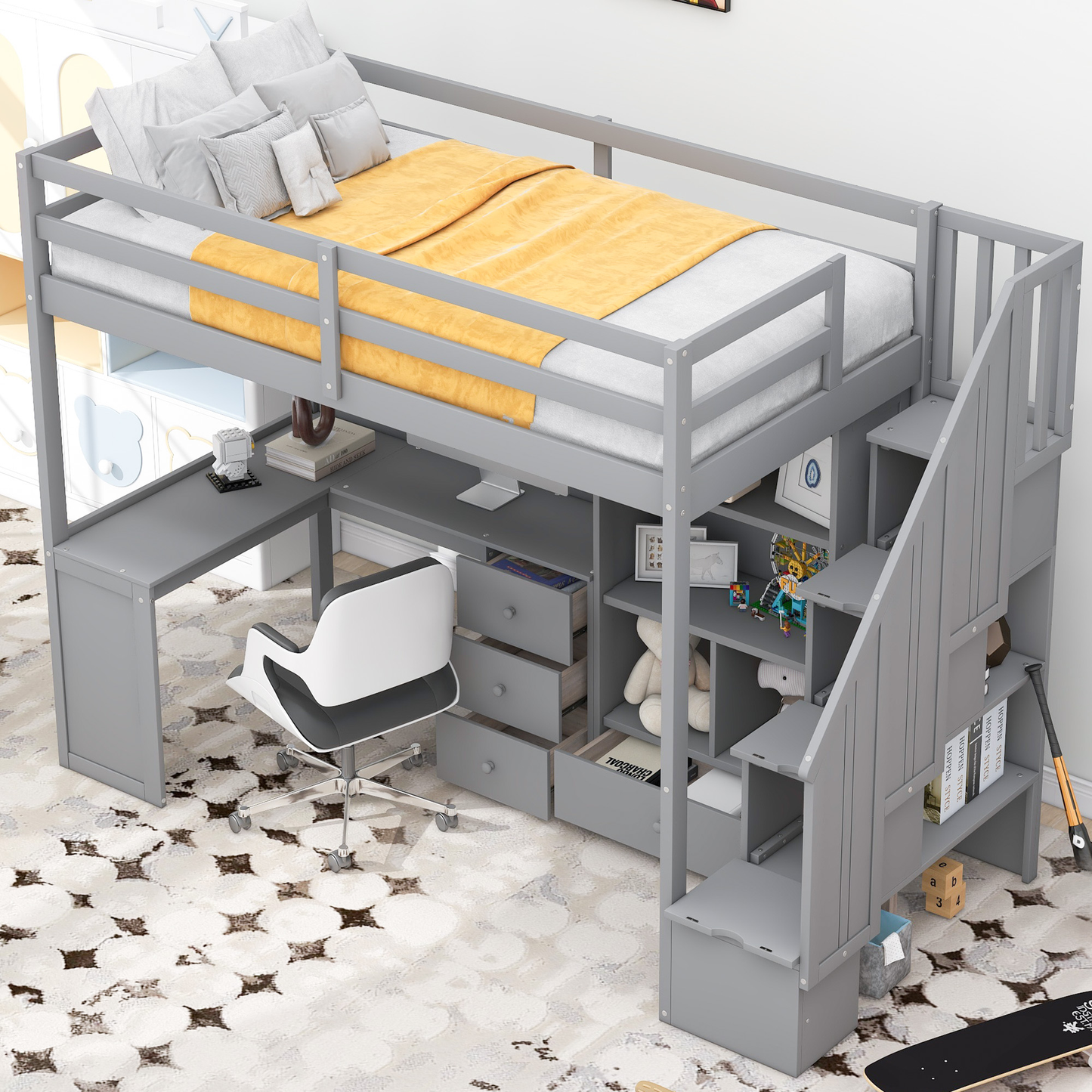 Gray loft bed with integrated desk and storage for a childs room