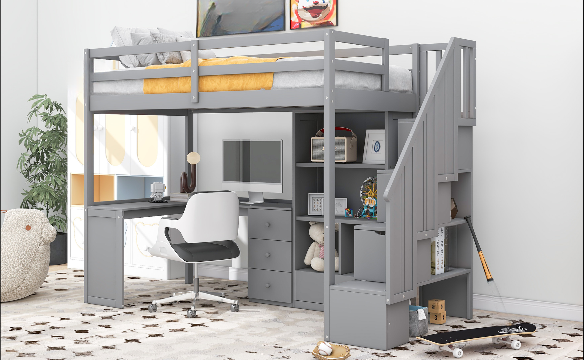 Gray wooden loft bed with desk and stairs