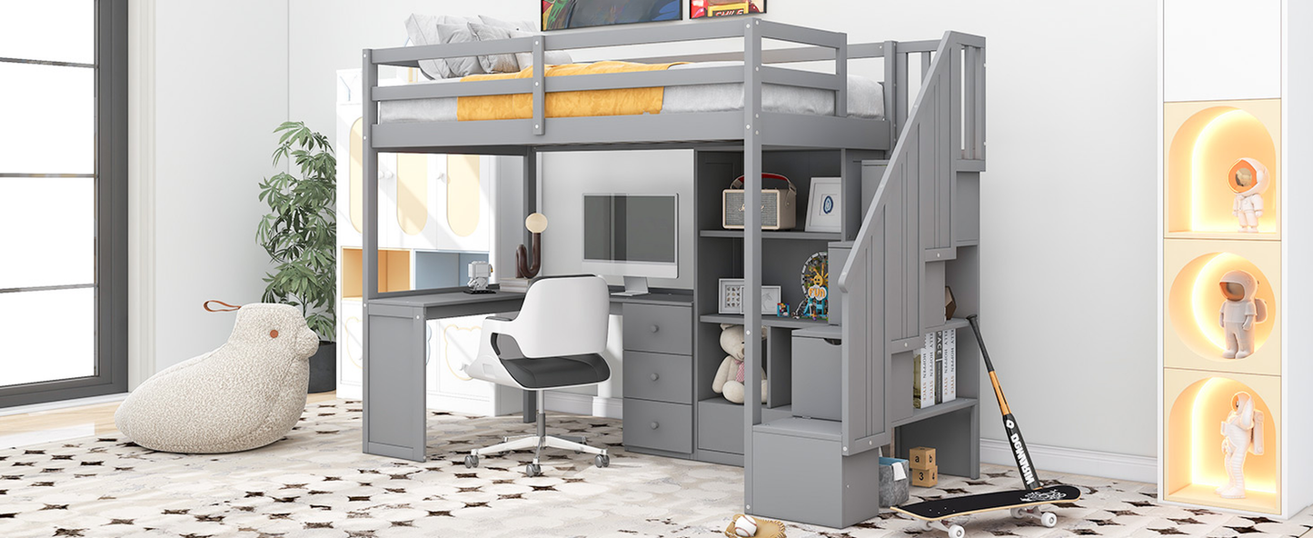 Grey wooden loft bed with integrated desk and storage shelves perfect for a childs room