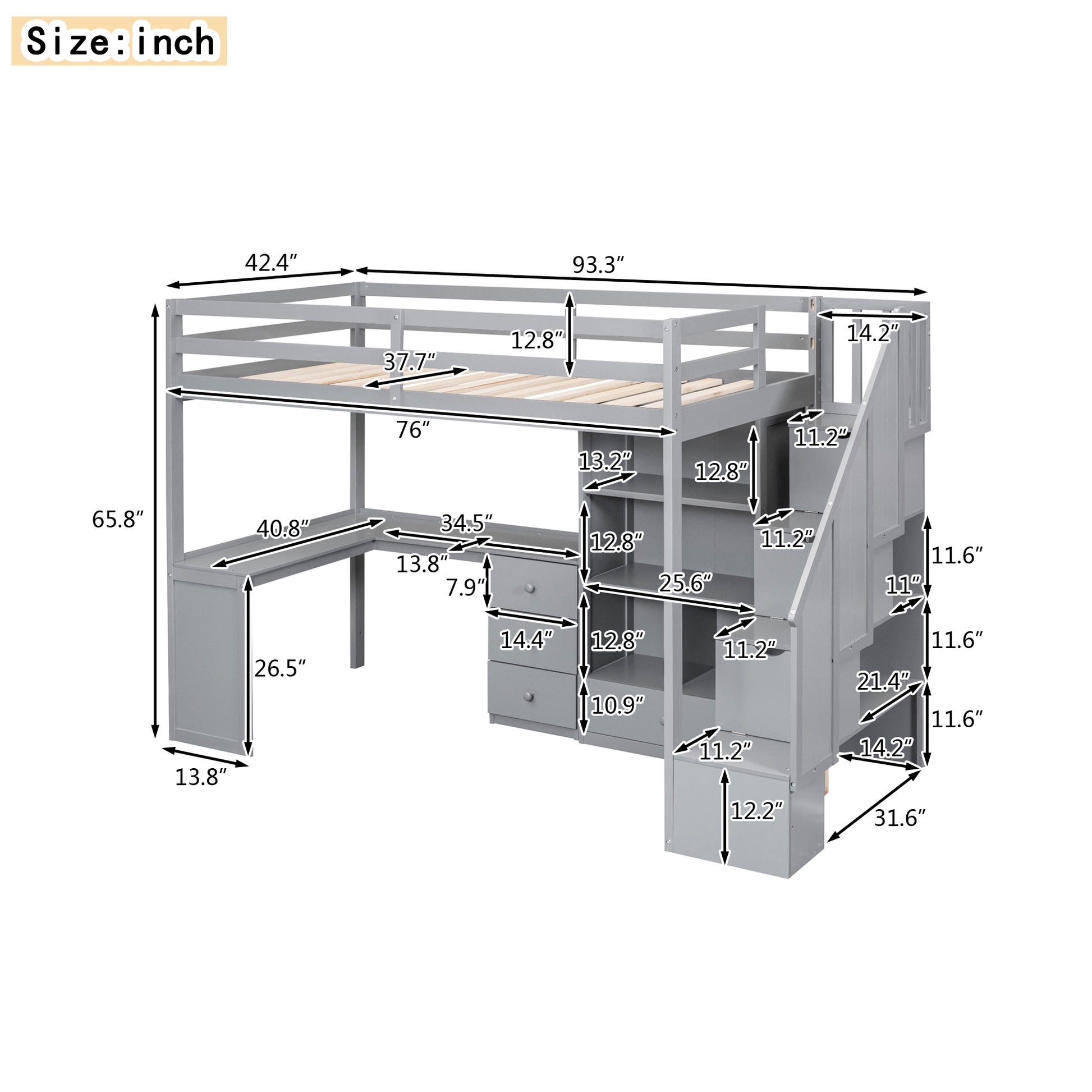 Gray loft bed with desk and stairs featuring builtin storage drawers