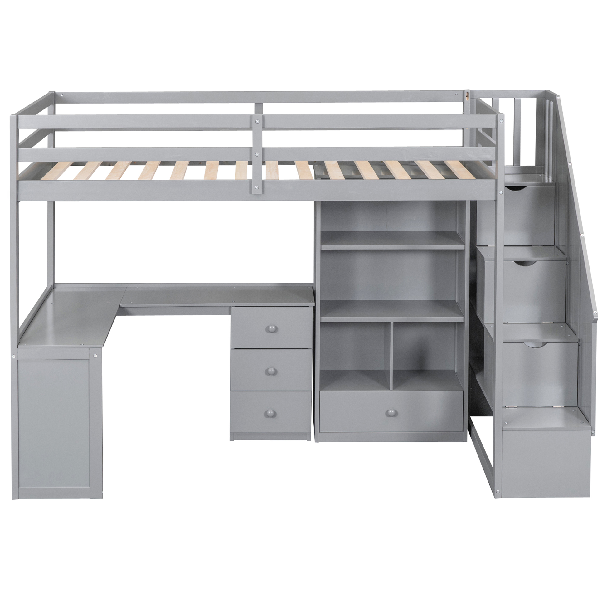 Gray loft bed with integrated desk and storage drawers