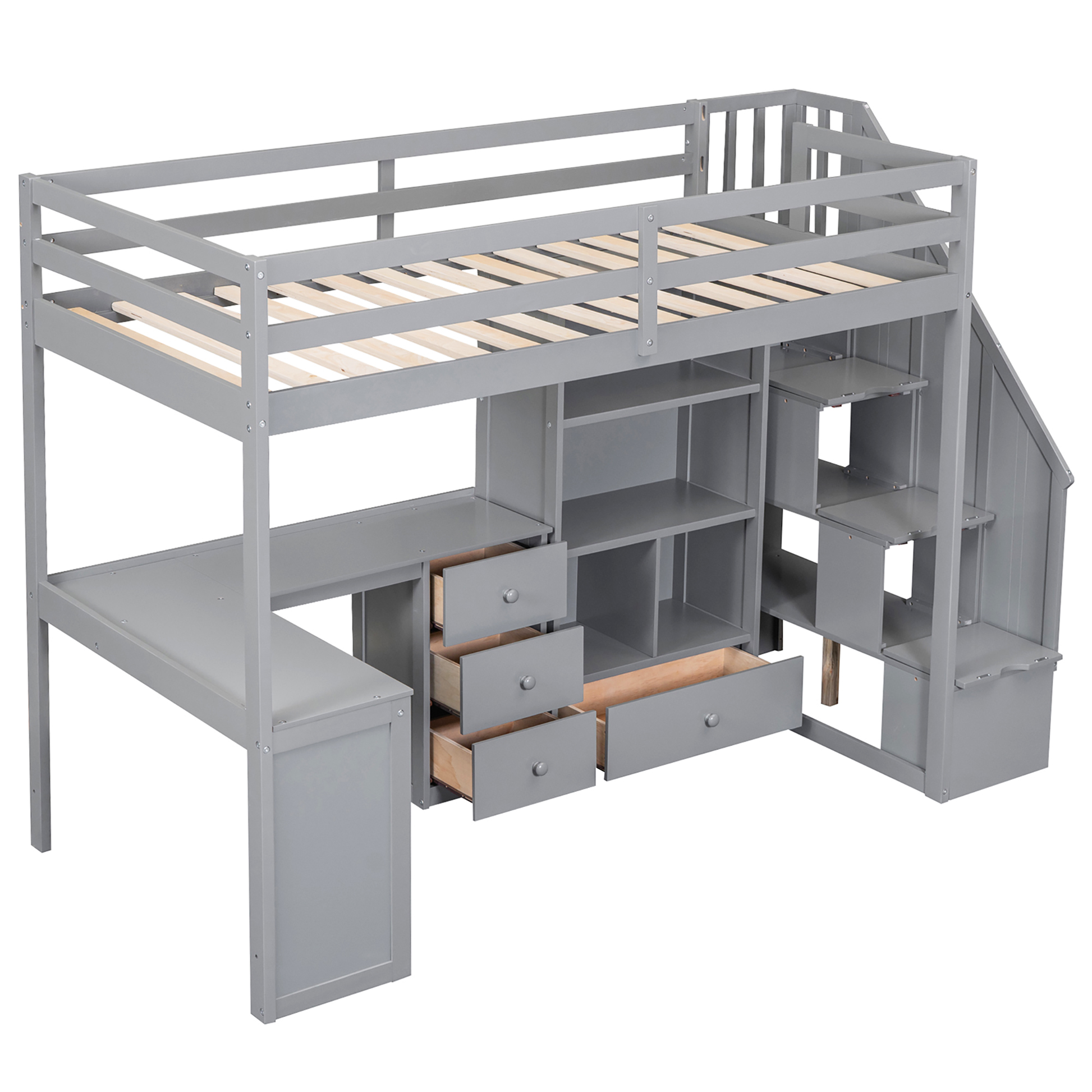 Grey wooden loft bed with integrated desk and drawers