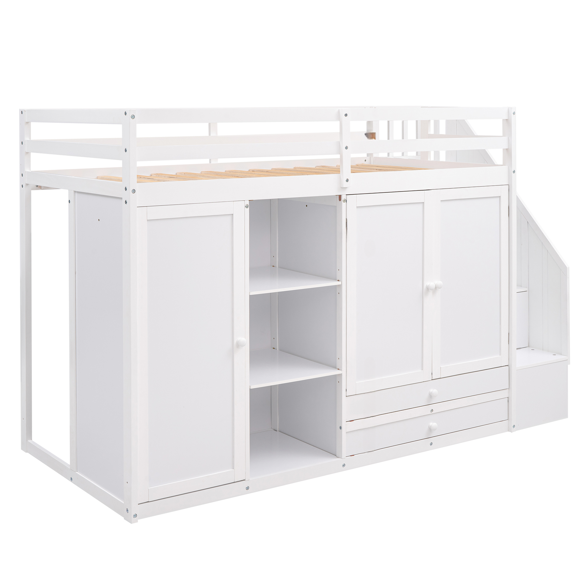 White loft bed with integrated wardrobe and stairs perfect for kids rooms