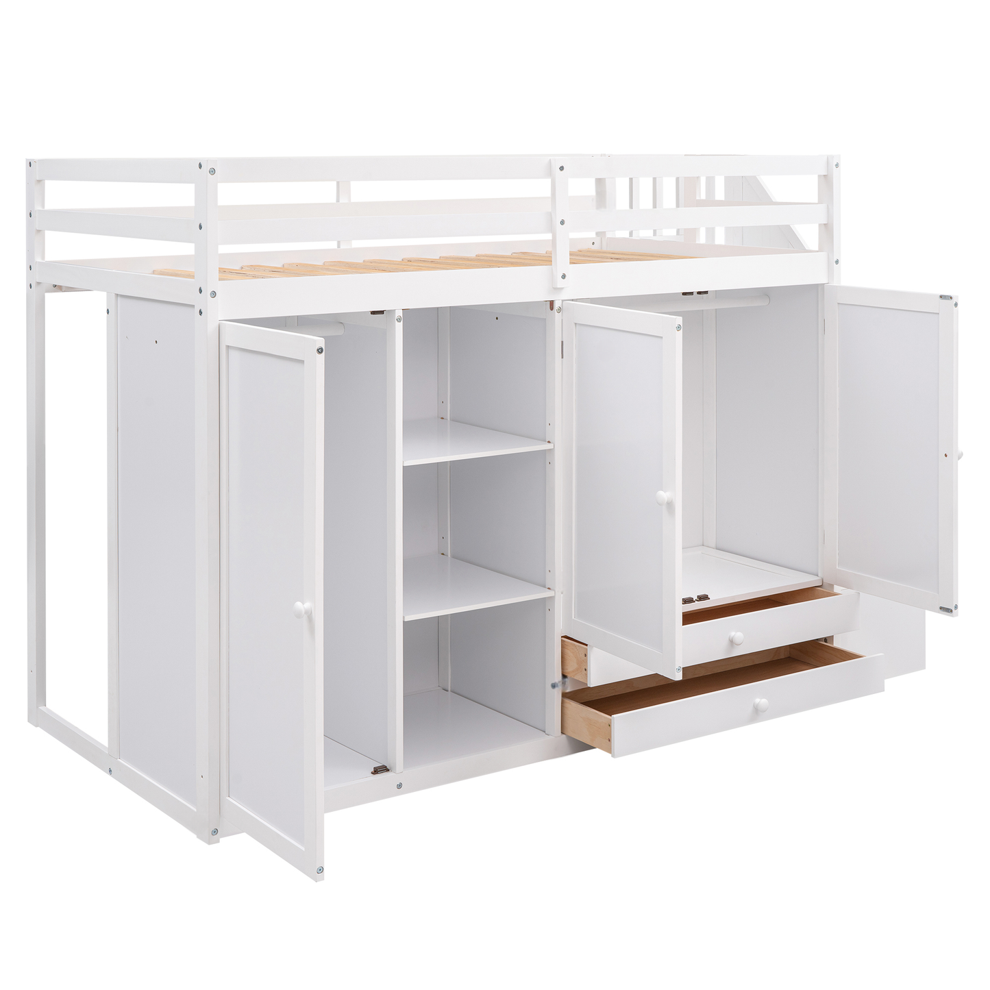 White wooden loft bed with storage cabinets and drawers
