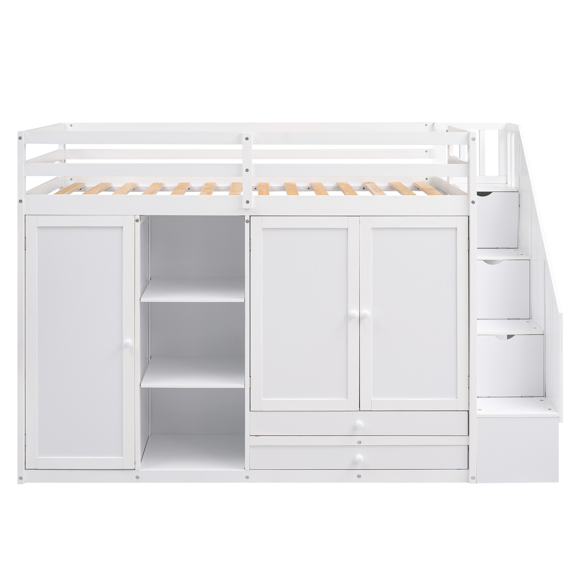 White loft bed with integrated wardrobe and stairs
