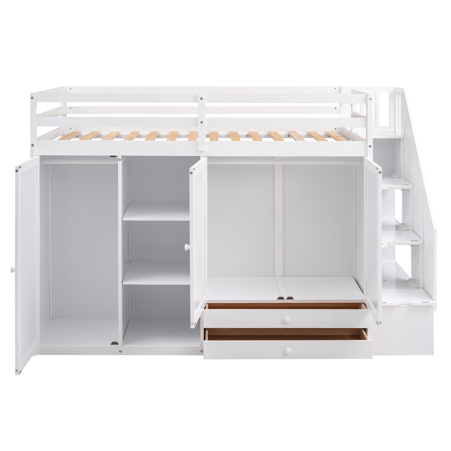 White loft bed with integrated wardrobes and drawers