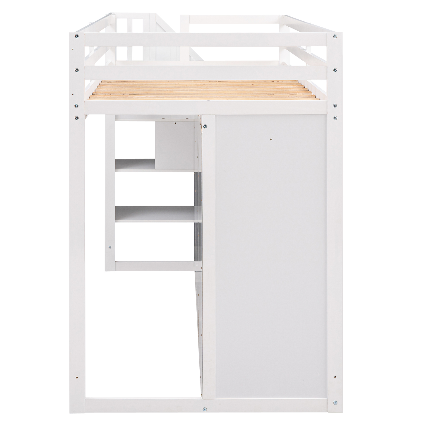 White wooden loft bed with integrated shelves and cabinet