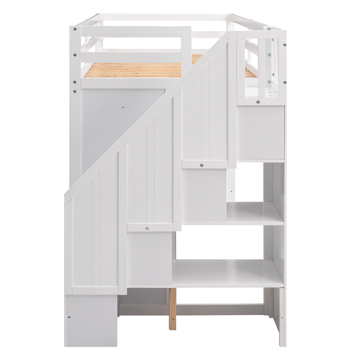 White wooden loft bed with integrated storage stairs