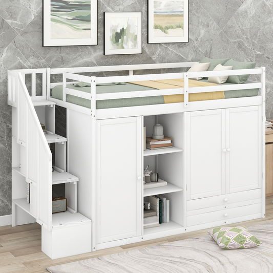 White wooden loft bed with stairs and integrated storage cabinets