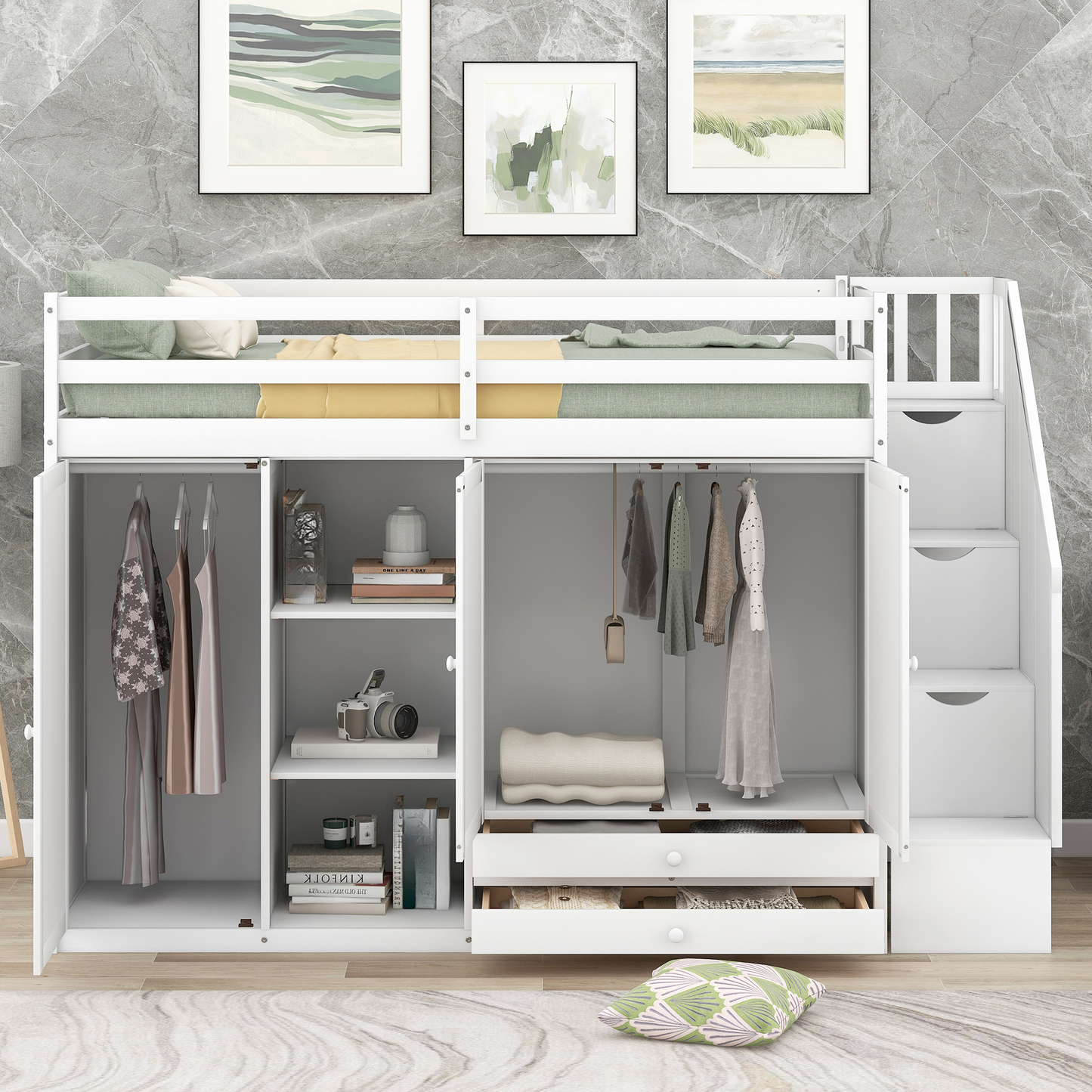 White loft bed with integrated wardrobe and storage drawers