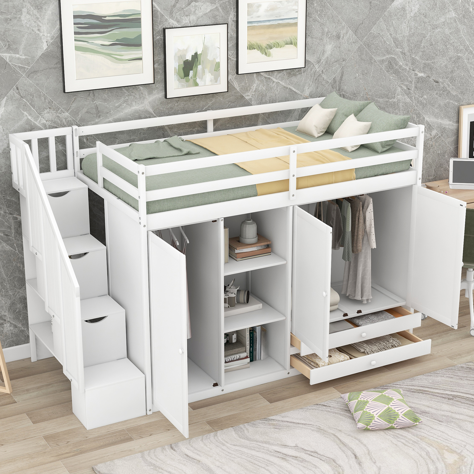 White loft bed with integrated storage cabinets and stairs for kids